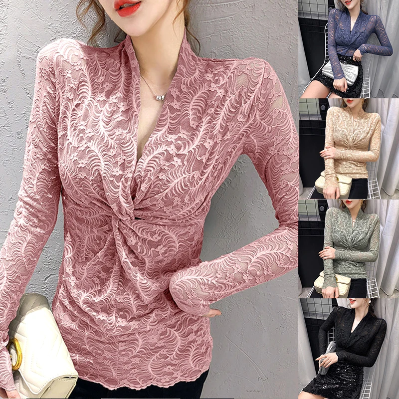 

Twisted V-neck Sexy Lace Shirt Women's Long-sleeved Inner-fit Slim Top Autumn And Winter New 2020 All-match Bottoming ShirtWomen
