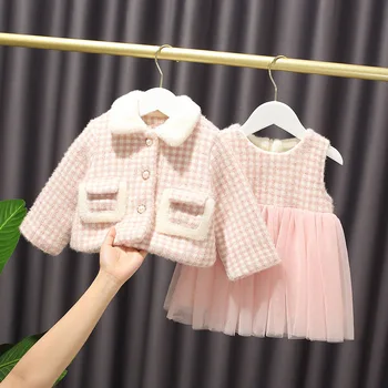 

2020 Winter Korean Style Children Shirt Graceful Warm Fleece Dress Fashion Fur Collar Suit Skirt Above Knee, Mini Solid Cotton