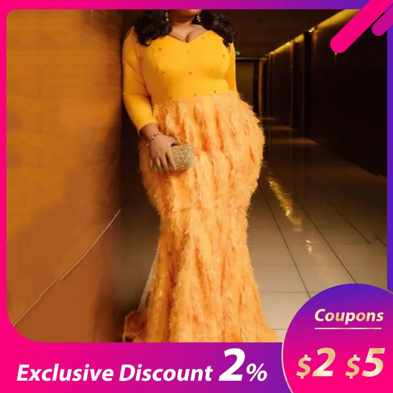 

Orange Feather Long Mermaid Party Dresses Women Evening Elegant Plus Size XL-5XL Bodycon Diamond Floor Length Ladies Maxi Dress