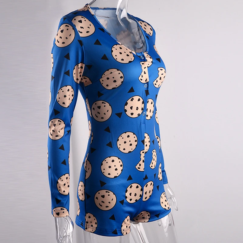 Cartoon Cookies Printed Women Sexy Oneies Bodycon Jumpsuit Romper Long Sleeve HomeWear Tracksuit Playsuit Pajama Onesies