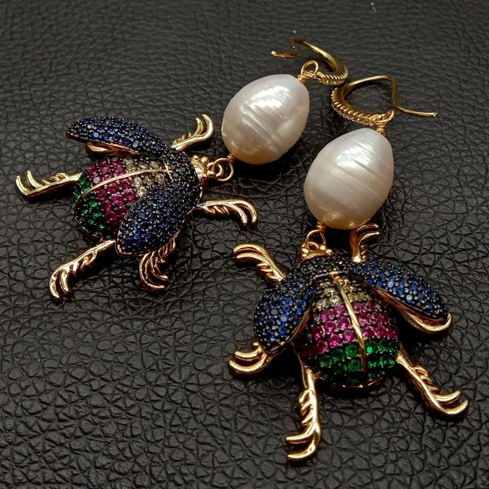 Freshwater Black Keshi Pearl Silver Color Plated Pave Insect Stud NATURAL FRESHWATER STUD PEARL EARRINGS