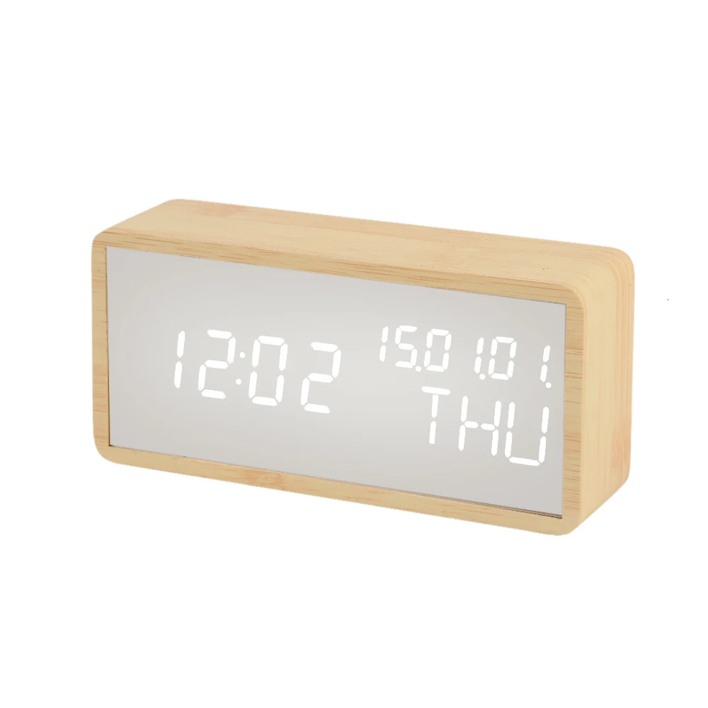 Светодиодный настольный часы с календарем, цифровой Деревянный Зеркальный будильник, большой таймер, голосовое управление, повтор, Despertador, настольные часы, USB/AAA - Цвет: 2-1