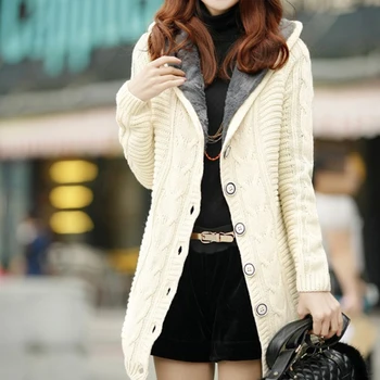 

Lady Winter Hooded Cardigan Knitted Sweater Coat Women Thick Warm Long Sleeve Knit Weave Long Tops