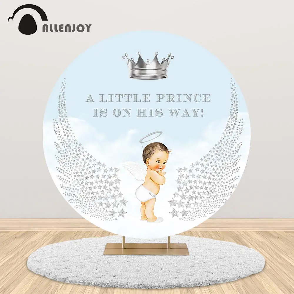 Allenjoy Round Backdrop Baby Shower Baptism Little Boy Crown Angel Wings Prince Photography Background Table Cover Party Decor |