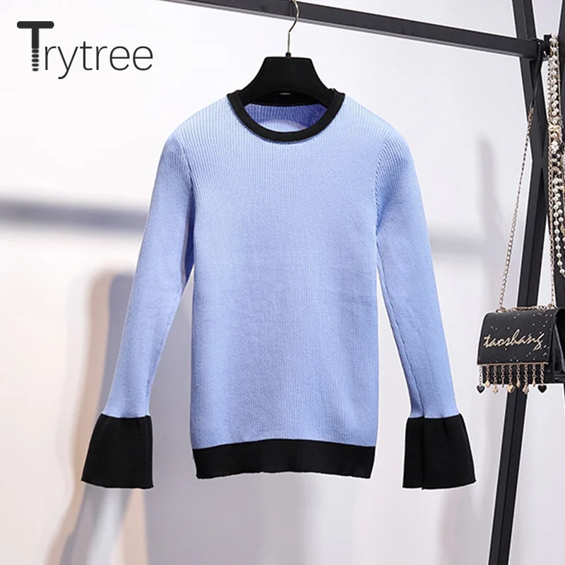 Trytree осенне-зимний комплект из двух предметов, повседневный Вязаный топ с расклешенными рукавами+ юбка с заклепками, разрезной подол, мини-комплект для офисной леди, комплект из 2 предметов