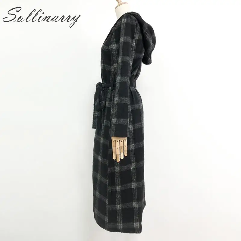 Sollinarry черные клетчатые шикарные зимние пальто куртки женские Hoddies высокая Талия Длинные Jacktes элегантные женские офисные сексуальные пиджаки платье