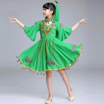 

2020 New Children Xinjiang Dance costumes Nation Uygurs Dance Clothing Xinjiang Performance stage party dress green clothing