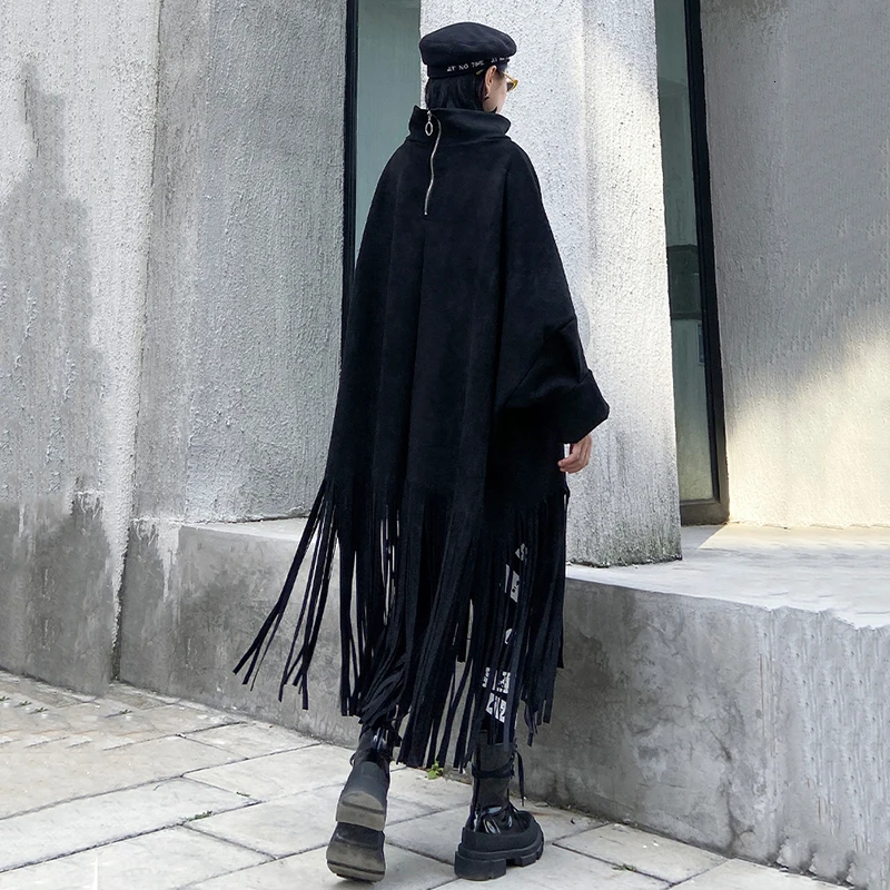 [EAM] Loose Fit Tassels Split Big Size Jacket New Turtleneck Long Sleeve Women Coat Fashion Tide Autumn Winter 1M630