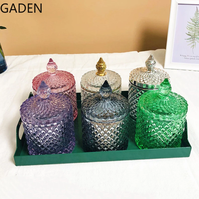 European Style Crystal Glass Storage Jar Multicolor Glass Decoration Storage Box with Lid Cotton Swab Box Desktop Decoration storage box storage jar