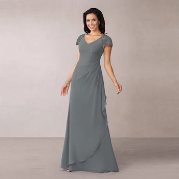 

Graceful A Line Grey Lace Cap Sleeves Mother of the Bride Dresses Deep V Neckline Pleating Wedding Guest Gowns Cheap On Sale