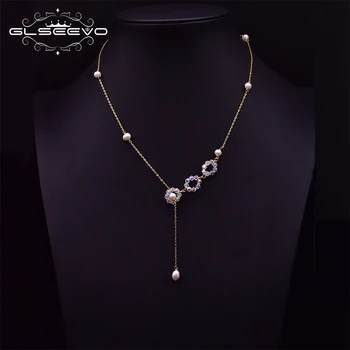 

GLSEEVO Handmade Fresh Water Pearl Asymmetry Necklace For Girl Lovers Engagement Gift Glass Colorful Stone Jewelry Colier GN0212