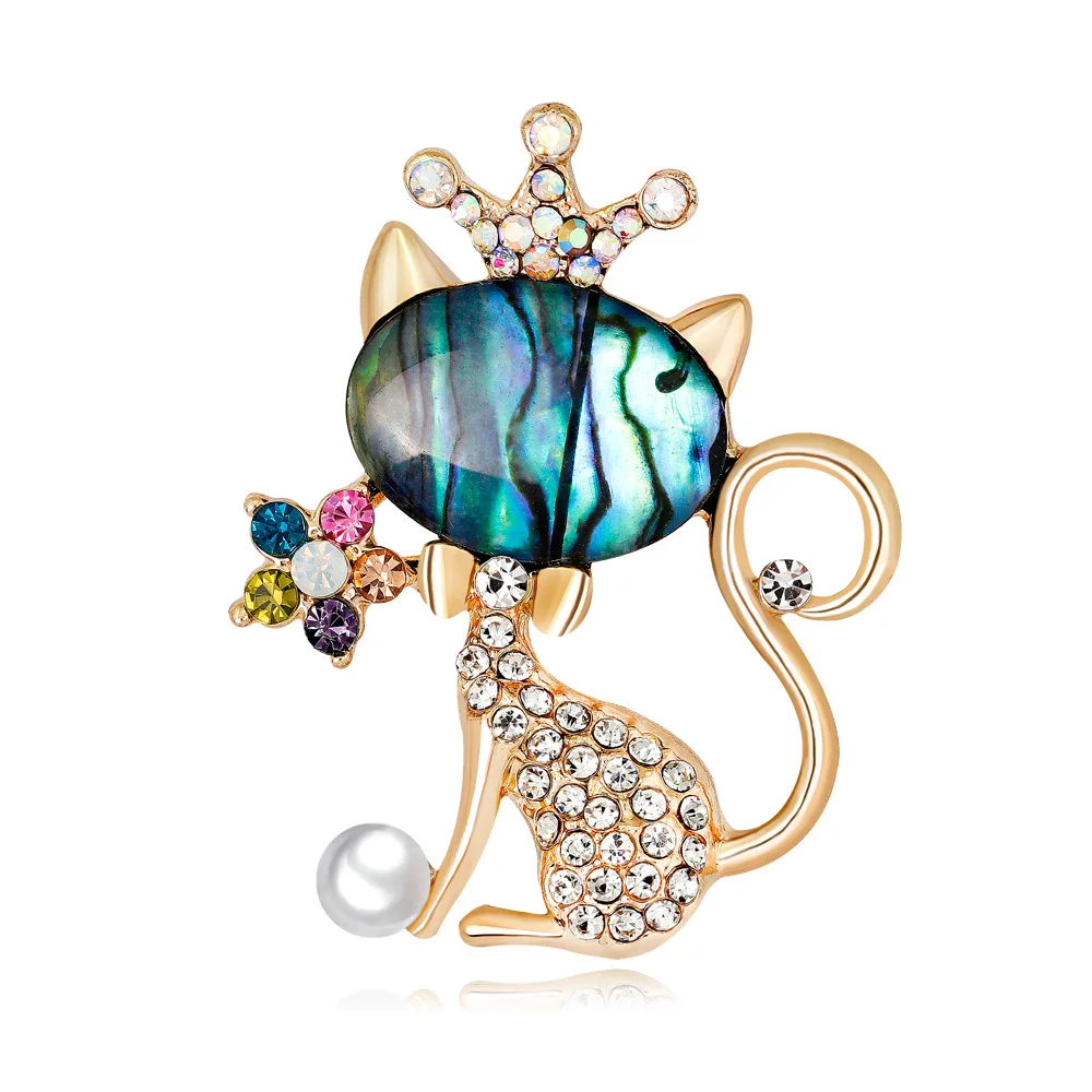 

Shell Cat Crystal Animal Brooches Gold Color Pearl Crown Diamonds Brooch Pin Design Clothing Jewelry Decoration Gifts AL335