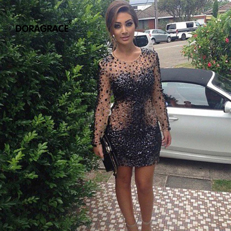 

Black Sexy Prom Dress Short 2019 Full Beads Crystal Long Sleeves See Through Mini Formal Party Cocktail Dress Robe De Soiree