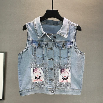 

Denim Jacket Women 2020 Spring and Summer New Tide Hot Drilling Beads Stickers Sleeveless Short Vest Coat Girls Ladies Vest