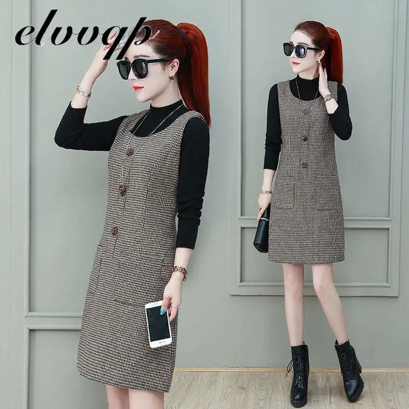 Elegant Sleeveless Woolen Blended Vest Dress High Quality Fashion Pocket New Autumn Winter Office Work Slim Plaid Midi Dresses Aliexpress Women S Clothing