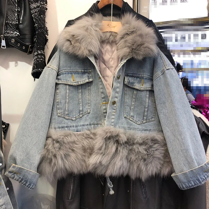 Женское пальто из натурального меха, новая зимняя короткая парка, пальто со съемным меховым вкладышем, джинсовая куртка, Толстая куртка с натуральным лисьим меховым воротником, джинсовые куртки