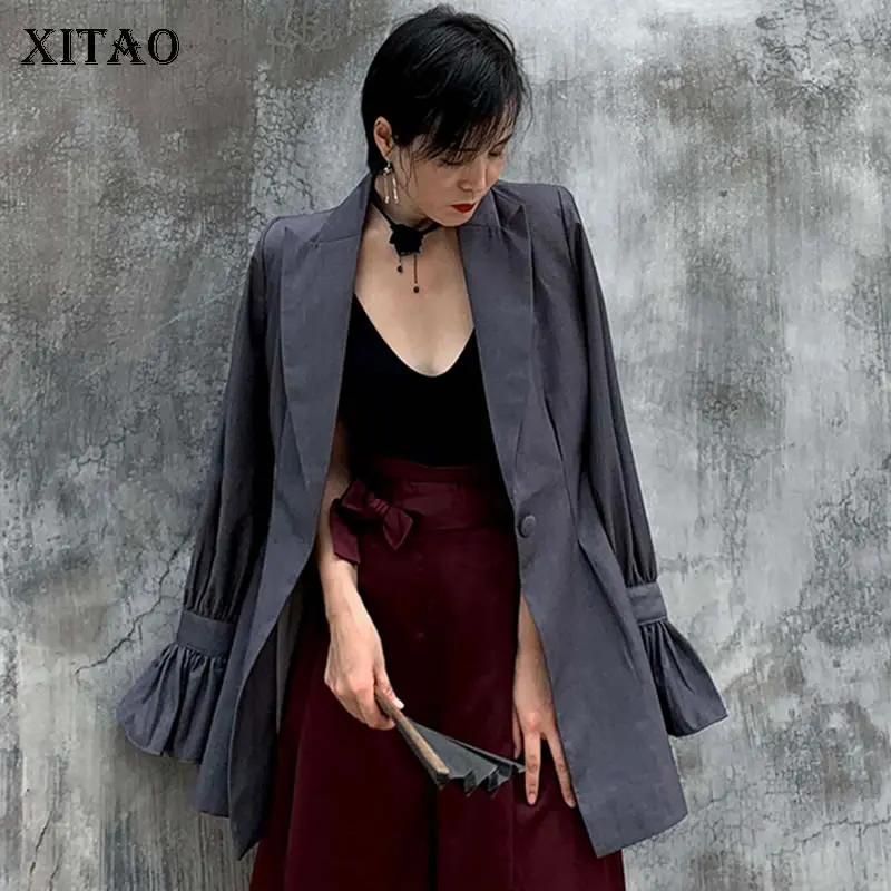 

XITAO Tide Flare Sleeve Single Button Blazer Women Suit Collar Long Sleeve Slim Elegant Coat Autumn Fashion Top 2019 GCC1705