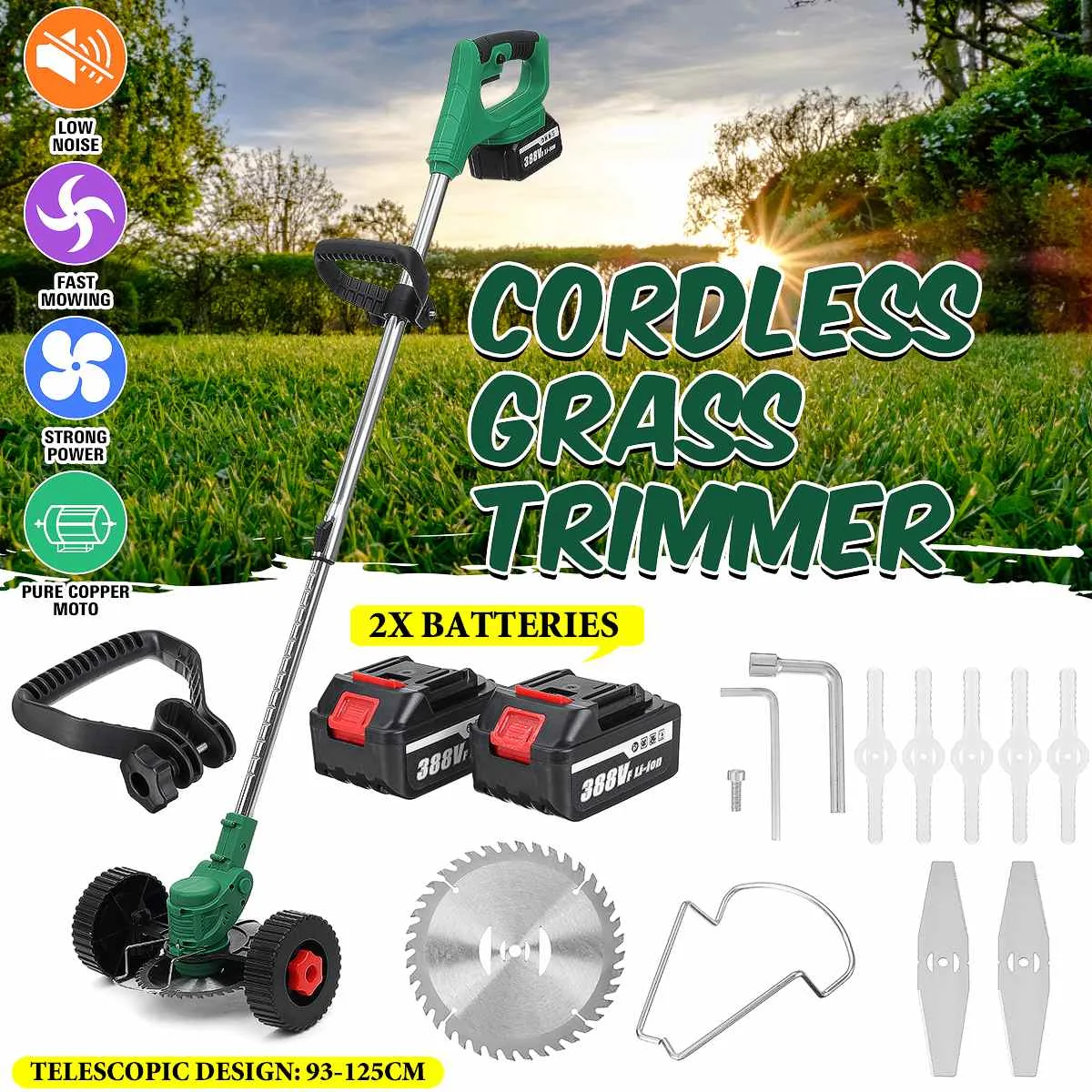 PROD 1005003028227023 15000mAh Cordless Electric Grass Trimmer Double
Wheel Adjustable Lawn Mower Garden Pruning Cutter Tool + 2PCS Makita
Battery