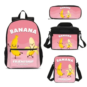 

4Pcs/Set Portfolio School Bags For Boys Girls Cute Funny Cartoon Banana Letter 3D Printing Backpack Kids Bookbag Mochila Escolar