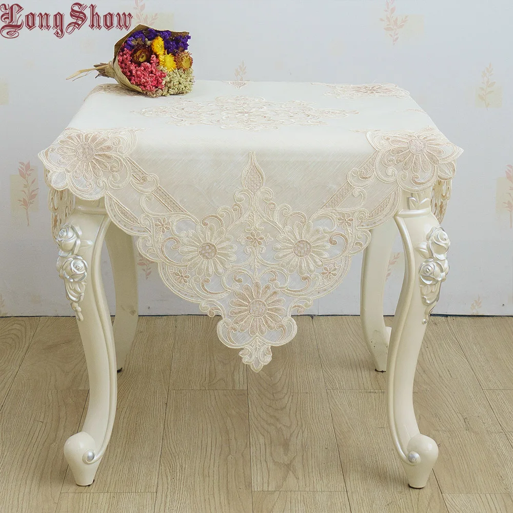 

Modern Style Creative Unique Elegant 85x85cm Square Beige Mesh Ribbons Embroidered Tablecloth Handmade Cutwork Crafts