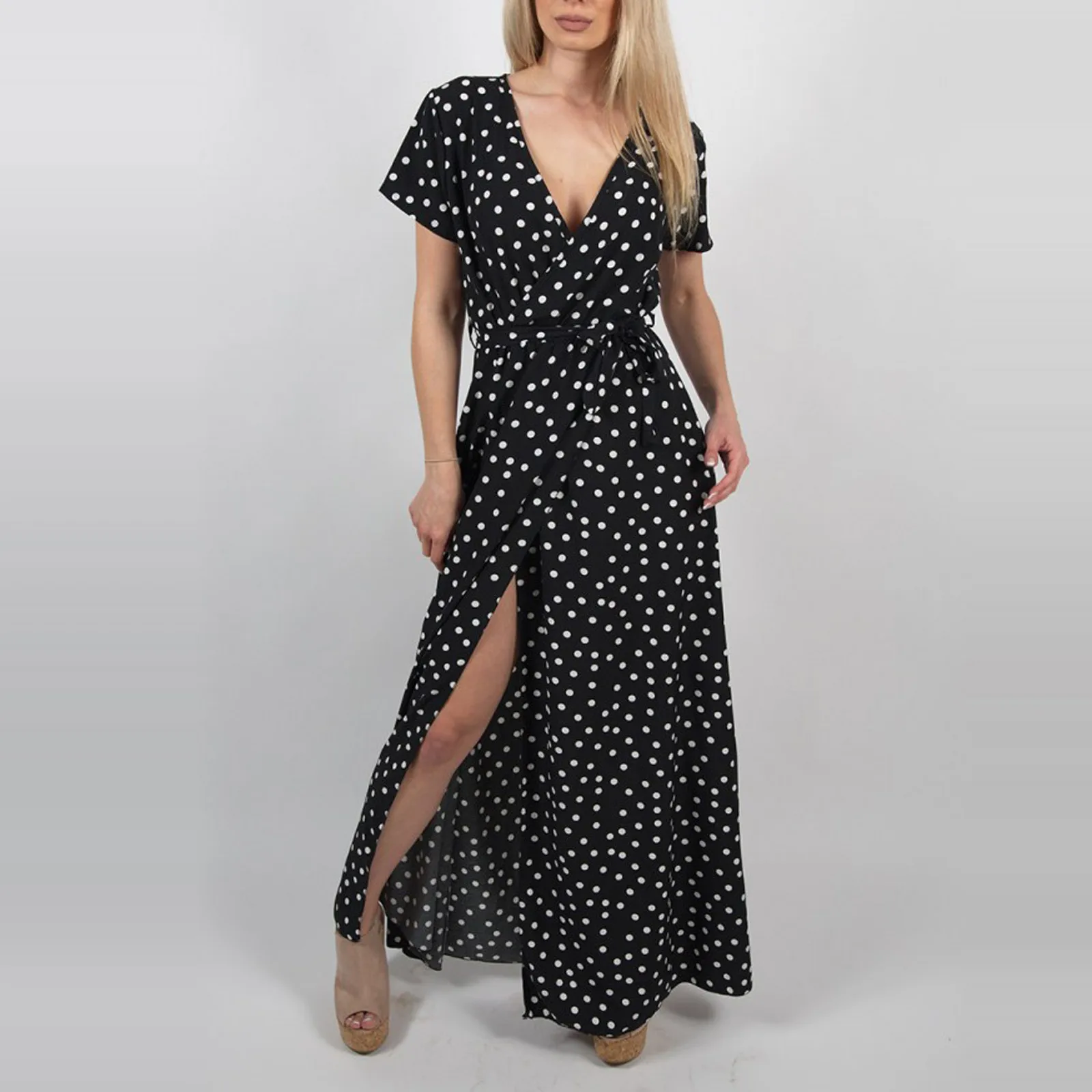 Summer Women Dresses Fashion Casual Short Sleeve V-neck Low Cut Printed Polka Dot Dress Ladies Elegant Solid Party Dress mujer 2