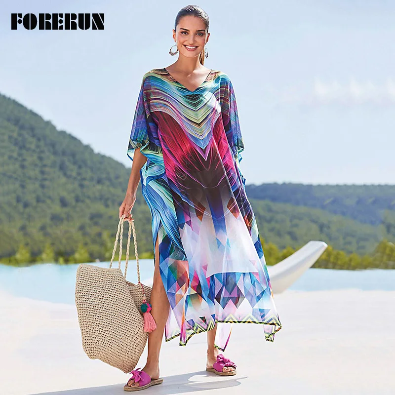 

FORERUN Boho Beach Dress Women Colorful Print Cover Up Summer Folk Chiffon Long Plus Size Casual Beachwear Pareos De Playa Mujer