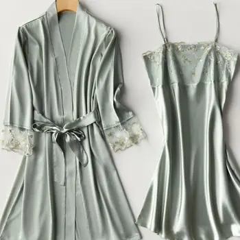 

Satin Bride Bridesmaid Wedding Robe Women 2PCS Nighty&Robe Suit Sleepwear Silky Intimate Lingerie Lace Patchwork Nightwear