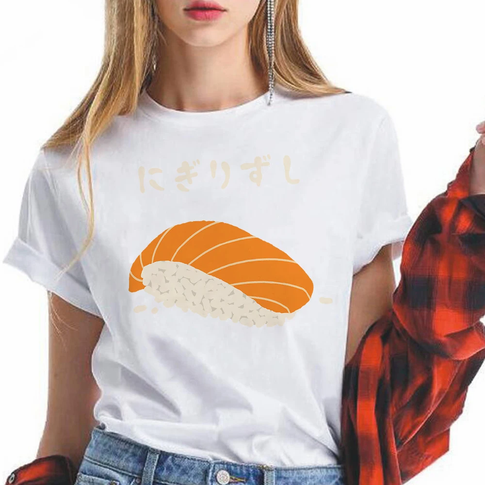

Japanese style Cartoon Sushi Printed Women's T-shirts Loose Crewneck White Tshirt Fashion Harajuku Spring New Clothes Plus Size