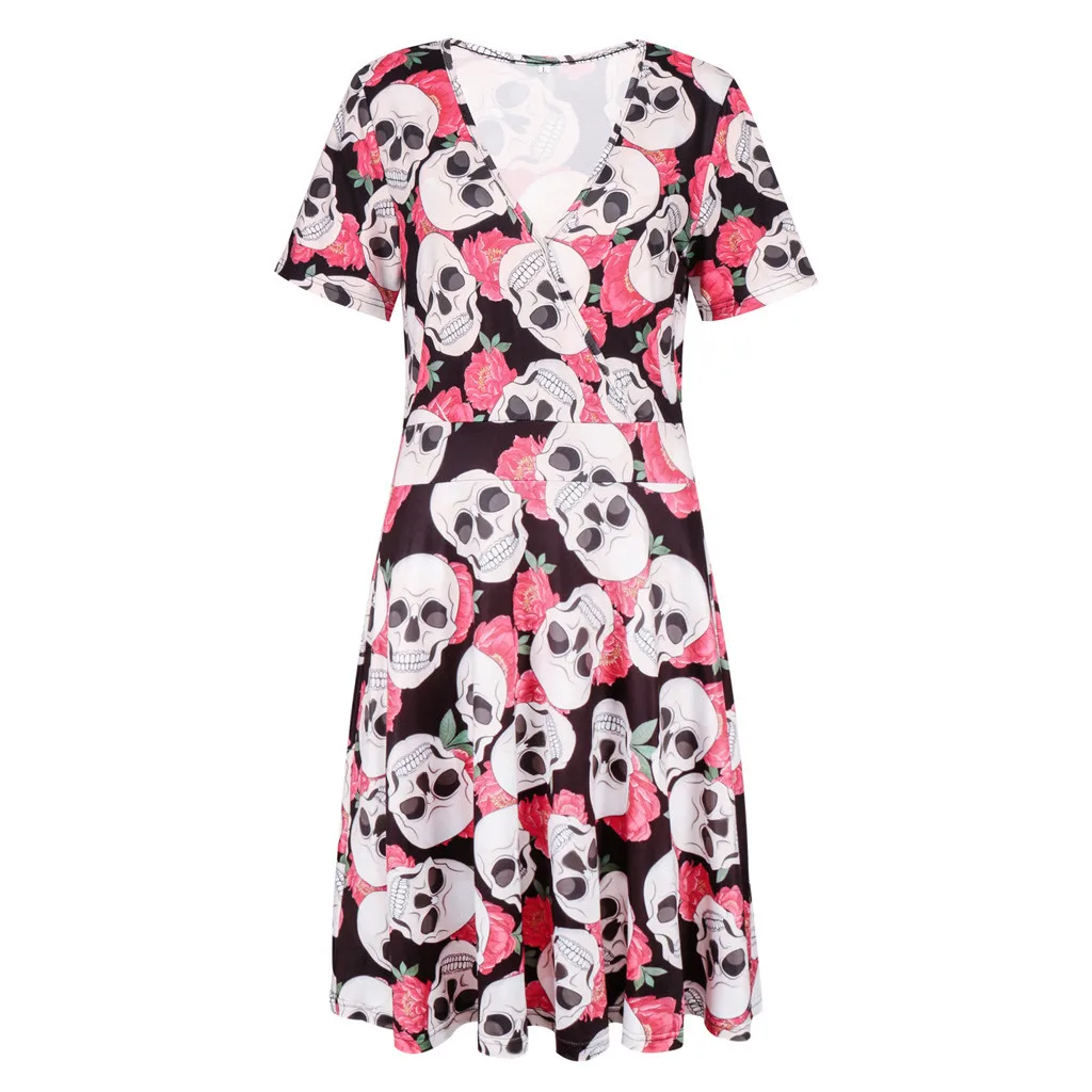 

Halloween Women's Short Sleeve V Neck Printing Vintage Gown Party Dress 8.15