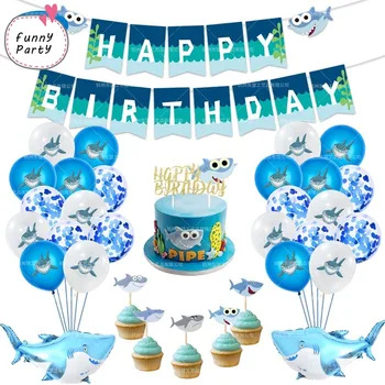 

Shark Happy Birthday Banner Shark Cake Flags Blue Latex Balloons Kid's Birthday Party Decorations Baby Shower Sea Party Supplies