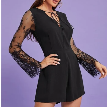 

Vintage Women's Jumpsuit Playsuit Casual Summer Mesh Rompers Black Skinny Party Short Romper Floral Long Sleeve Clothing S-L NEW
