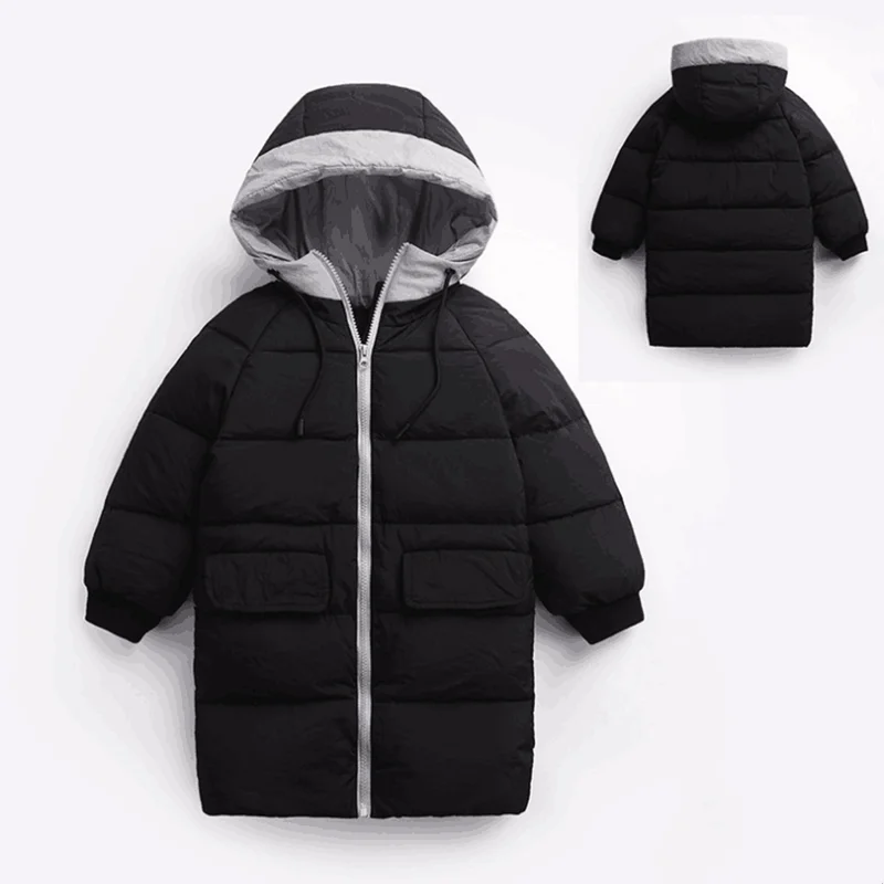 Черный newChildren's cotton suit long section winter children's boys and girls children's wear down coat thick warm cotton jacket - Цвет: Черный