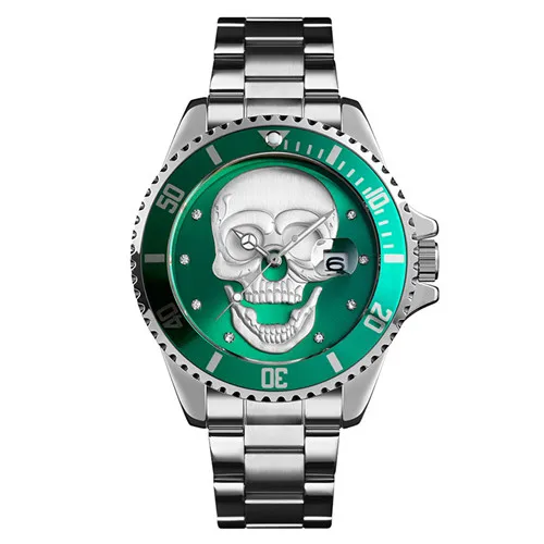 Silver green SKMEI Классические мужские кварцевые часы с рисунком черепа из нержавеющей стали спортивные часы 30 м водонепроницаемые мужские наручные часы Relogio Masculino 9178 - Цвет: Silver green