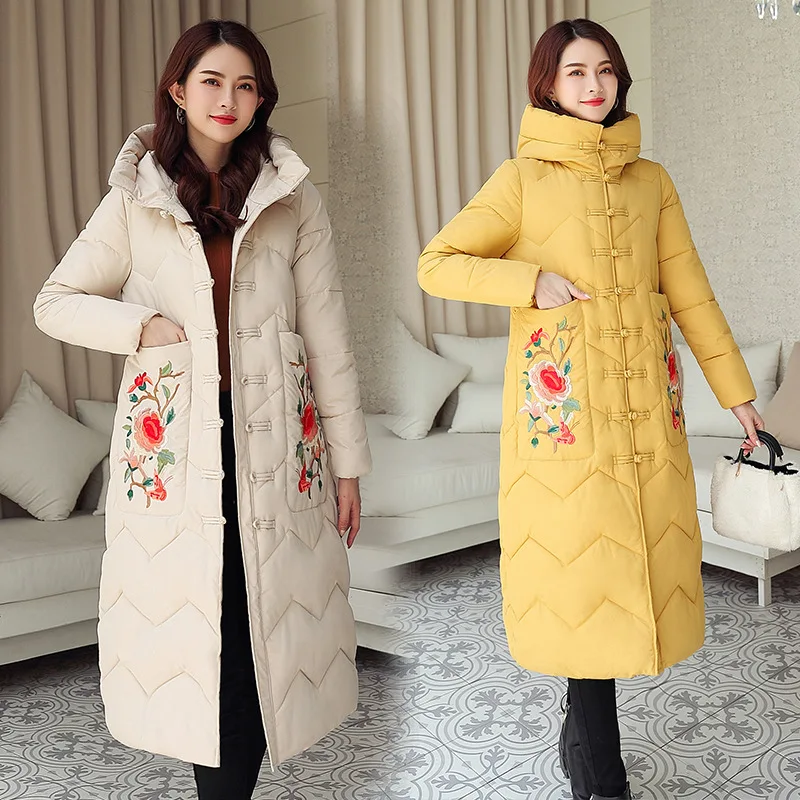 

National Wind down Jacket Cotton-padded Clothes Women's Mid-length 2019 New Style Embroidered over-the-Knee Cotton-padded Jacket