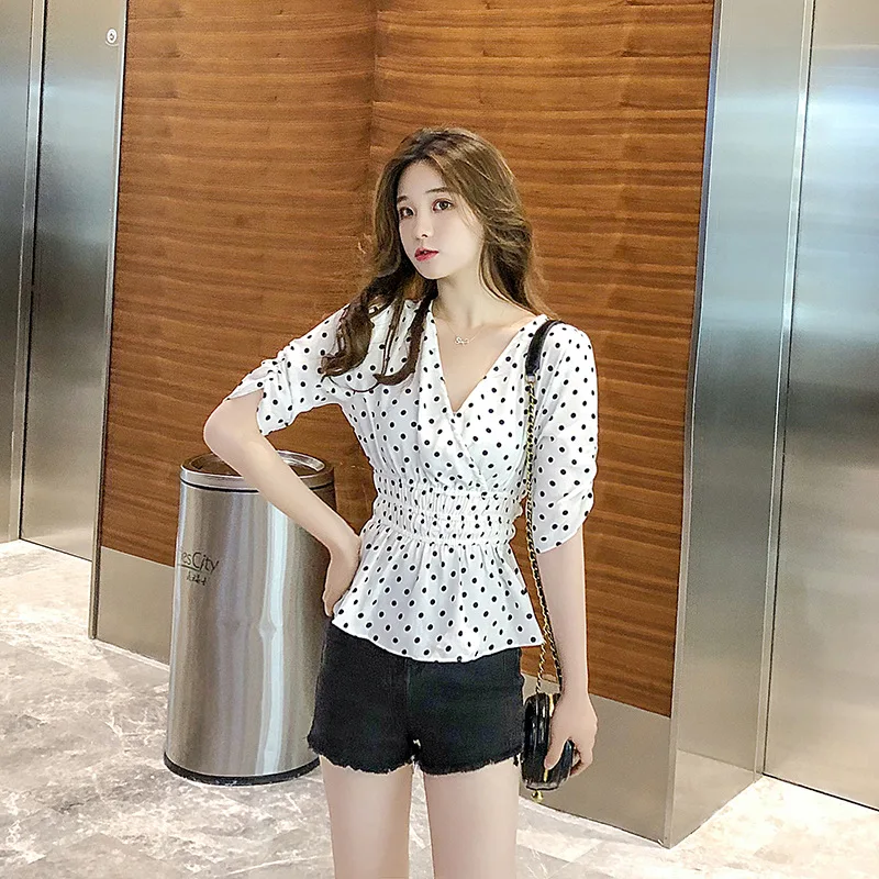  2019 Summer WOMEN'S Dress Fashion Polka Dot Elegant Elastic Waist Short-sleeved Shirt Slim Fit Slim