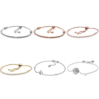 

Authentic 925 Sterling Silver Adjuster Size Basic Bracelet Rose Gold Color Tree Of Life Crown Crystal For Women Jewelry