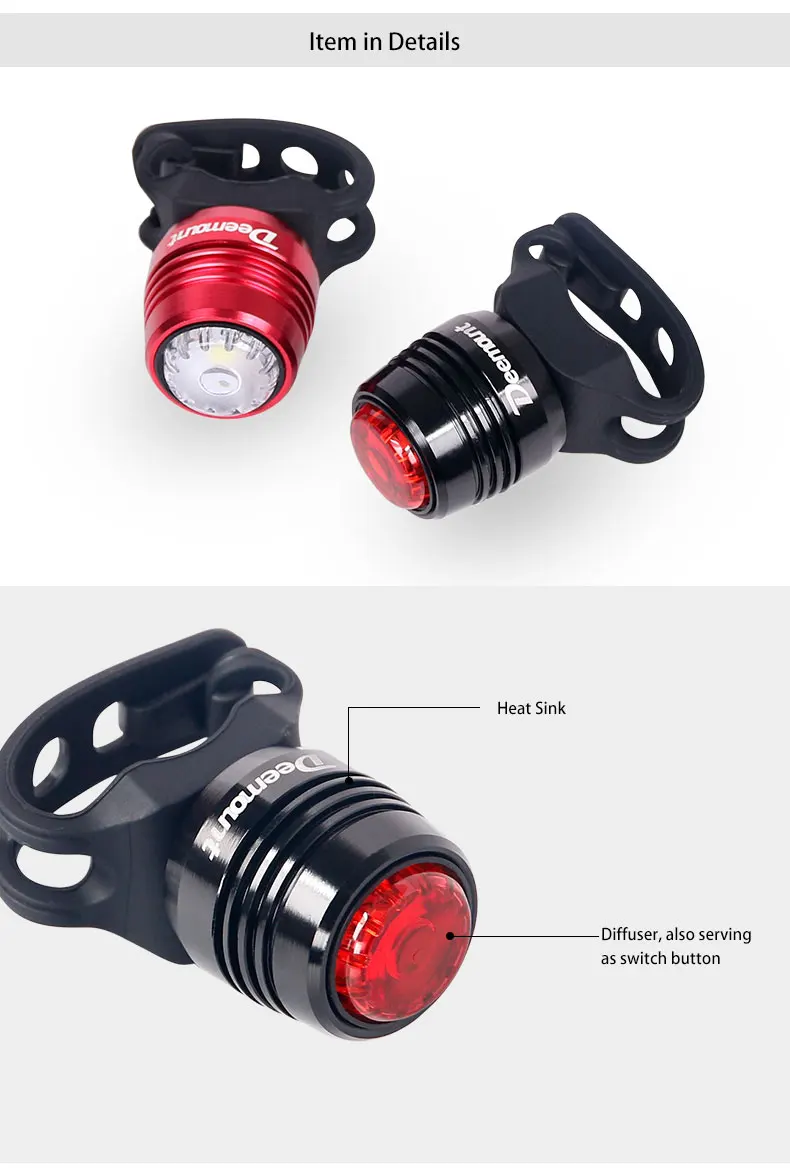 Deemount Bicycle Rear Light Carat Type Bike Warning Lamp USB Charge Red White Light Color Safety Headlight Tail 6-20 hours Lante