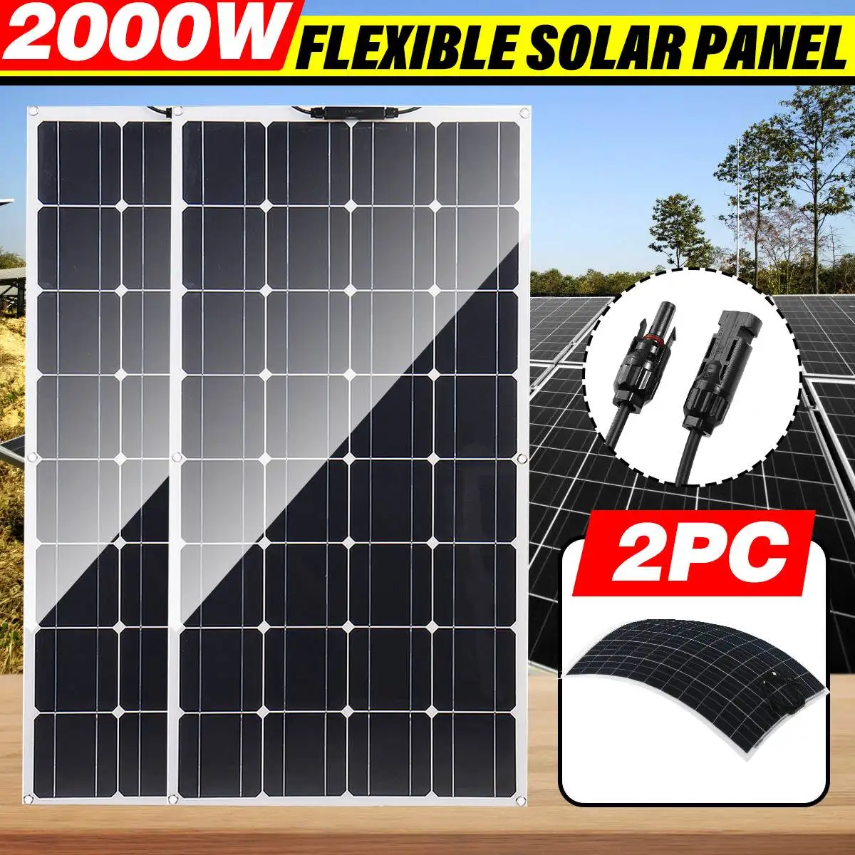 2000W Solar Panel 18V High Efficiency Monocrystalline Portable Flexible Waterproof Emergency Charging Outdoor Rechargeable Power |