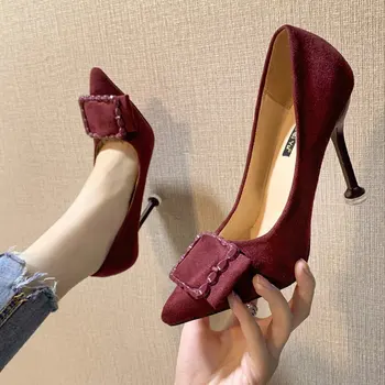 

Temperament High Heels 2019 New Europe and America Concise Thin Heels Fashion Metal Square Buckle Single Shoes Sexy Womens Shoes