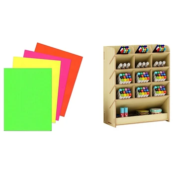

120pcs A4 Neon Card - Fluorescent Craft Card Stock & 1pcs Wooden Pen Holder Storage Box, Large Capacity