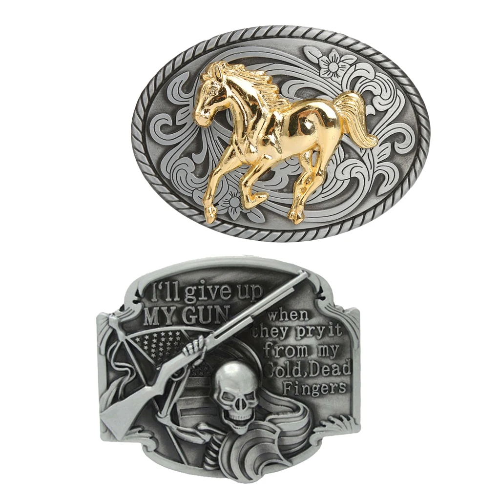 2Pcs Men's Belt Replacement Buckles - Vintage Hip Hop Belt Buckle Western Fits for Jeans Belt Trouser Belt - Skull & Horse