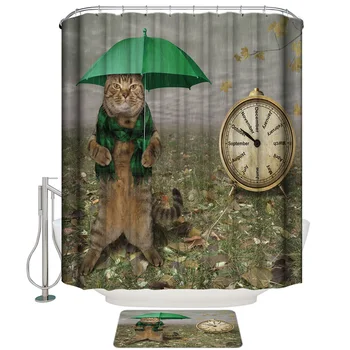

Cat Umbrella Clock Retro Shower Curtain with Hooks Doormat Bath Floor Mat Waterproof Polyester