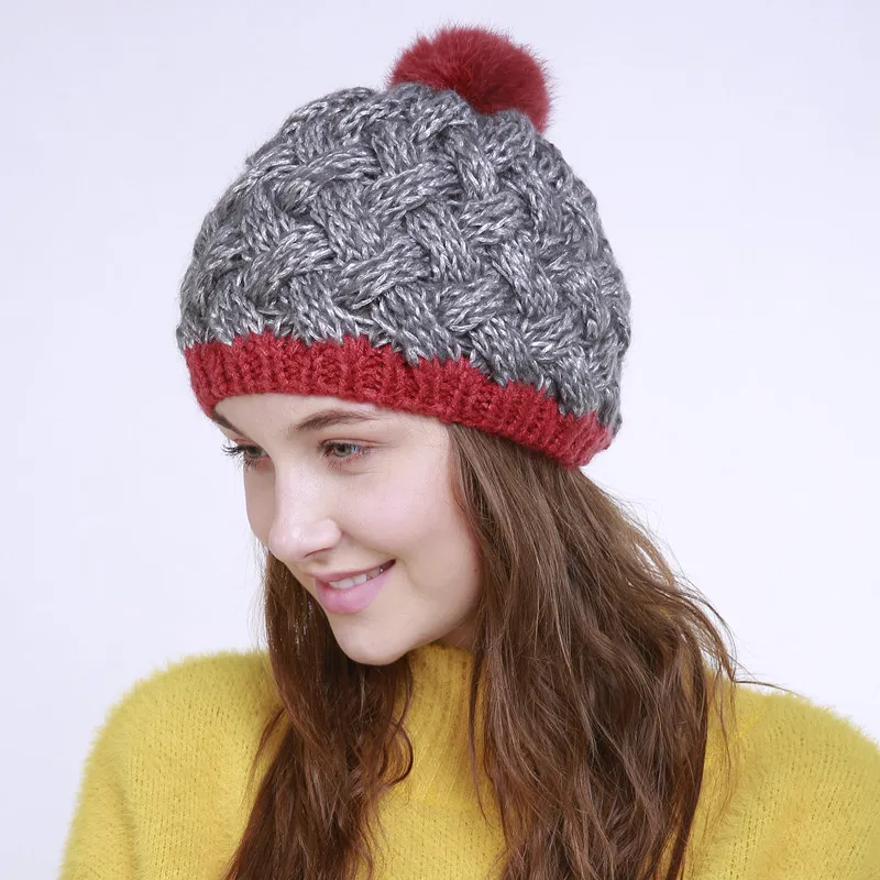 

Korean-style Autumn & Winter New Style Entirely Handmade Bamboo Weaving Double Color's Glitter Knit Warm Girl's Cap Rabbit Hair