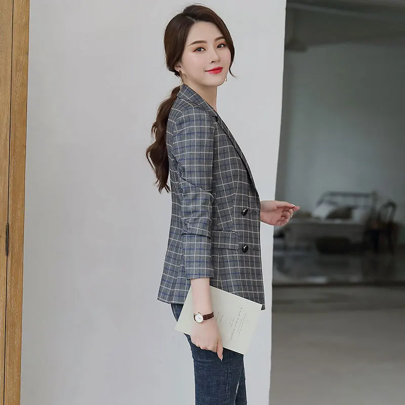 Размера плюс 5XL корейский стиль Для женщин тонкий клетчатый Блейзер Костюмы женские Профессиональный Двойной Брестед офисные Бизнес Костюмы Пальто