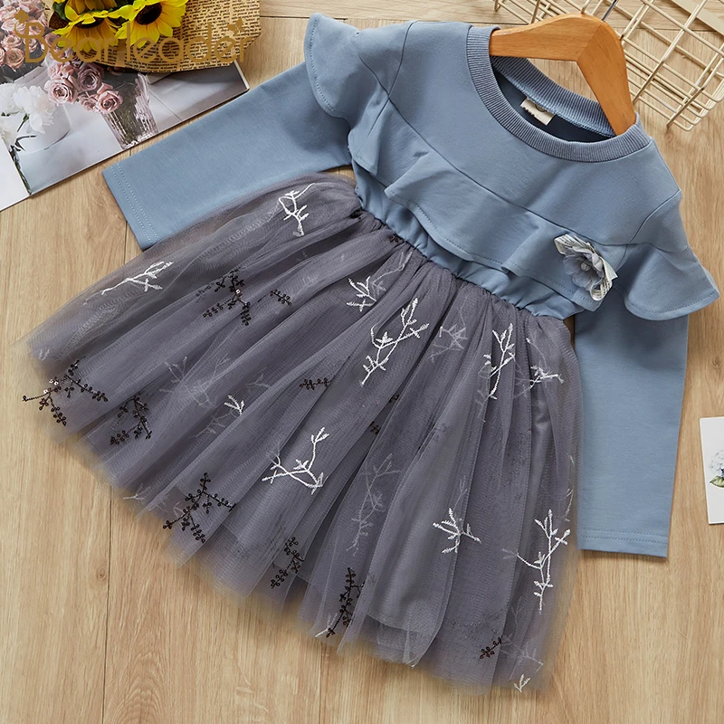 Bear leader/платье для девочек новые весенние праздничные платья для девочек кружевное платье принцессы с цветочным рисунком трикотажная детская одежда на возраст от 2 до 6 лет - Цвет: AX1127 blue