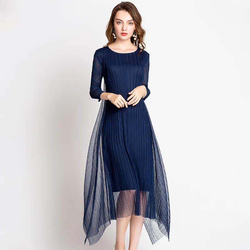 navy blue Модные высококачественные плиссированные платья для женщин; круглый воротник; Лоскутная сетчатая одежда; сезон весна-лето; Robe Femme Longue JR195 - Цвет: navy blue