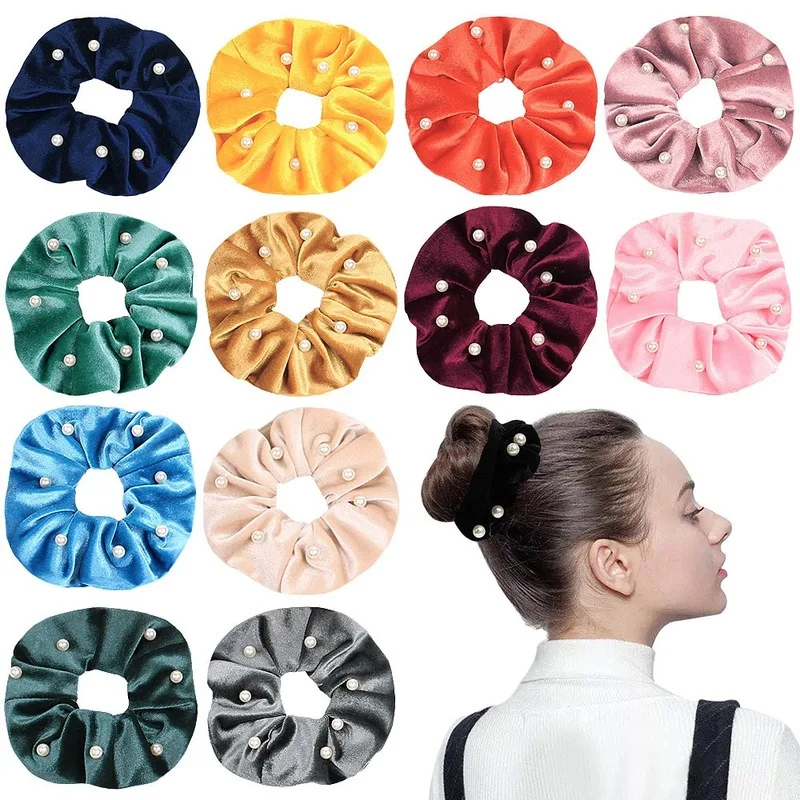 

Women Velvet Pearl Hair Elastic Scrunchies Ponytail Holder Fashion Elastic Hair Bands for Girls Accessories gumki do wlosow New