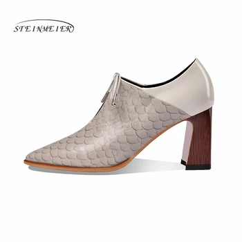 

Women summer high heels shoes square toe sexy genuine leather spring pumps spring heels shoes black thick heel woman shoes 2020