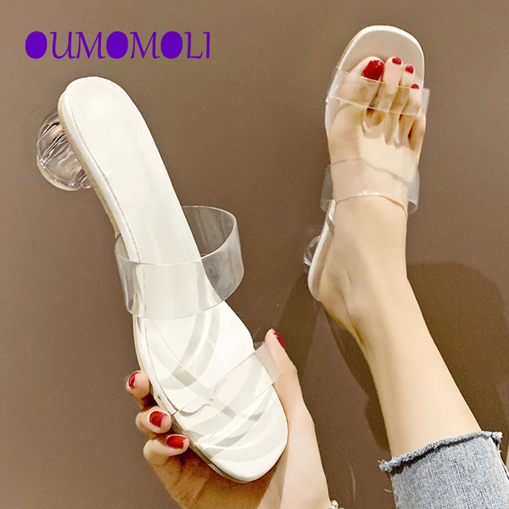 

New Summer Transparent Slippers Women Shoes Woman Mules Slides Square High Heels Clear Slippers Female Shoes Q385