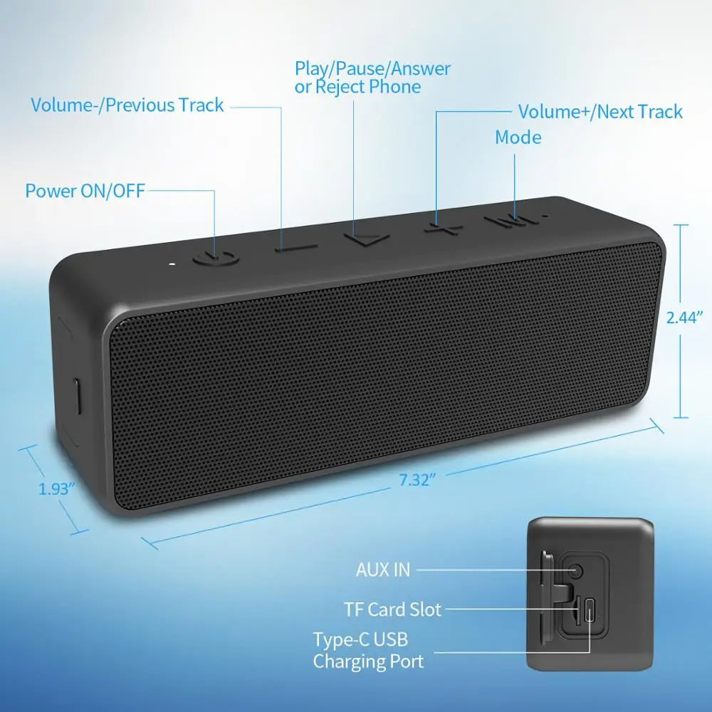 20 Вт Портативный bluetooth-динамик Водонепроницаемый IPX7 Super Bass BT5.0 отлично подходит для улицы дома, пляжа, вечерние TWS type-C USB Mic